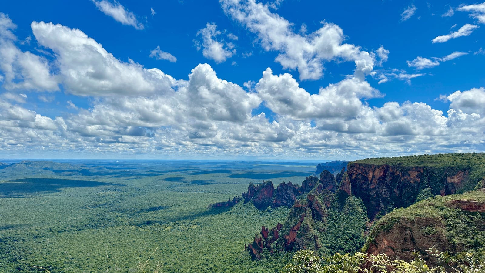 Vista aérea dos paredões da Chapada, com a mata verde até o horizonte