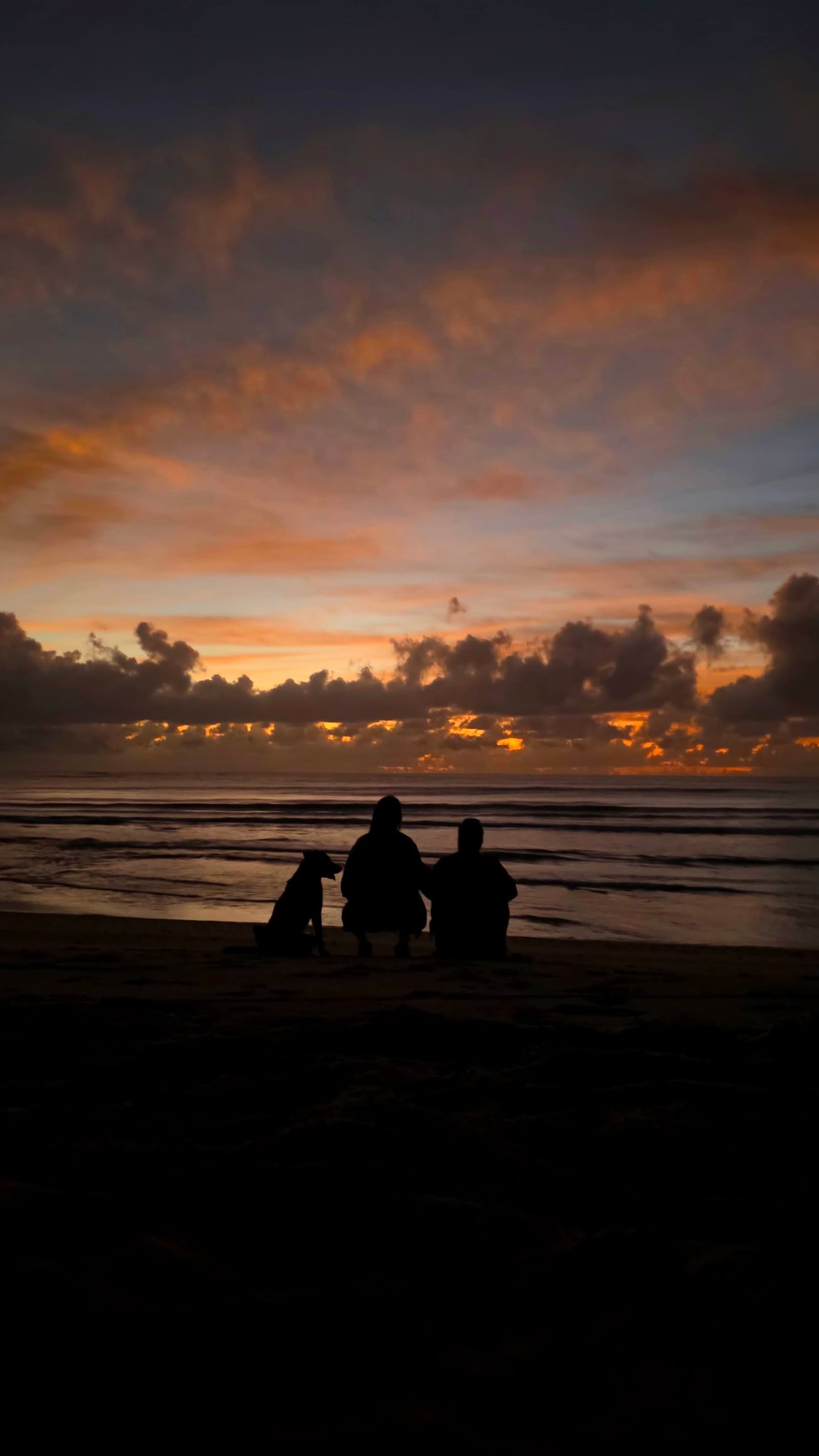 Thaíssa, Julián e os dois cachorros em silhueta contra o amanhecer na praia